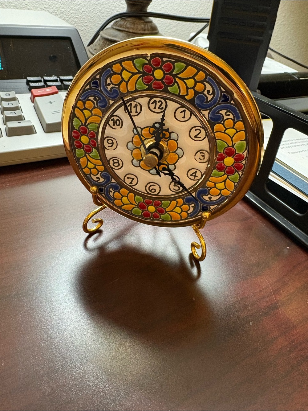 Hand-Painted Floral Table Clock - Gold with Multicolor Accents